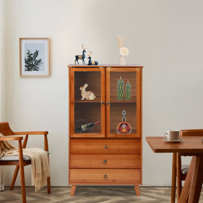 Meuble de rangement en bambou à 5 niveaux, buffet à 3 tiroirs et porte en acrylique avec pattes surélevées