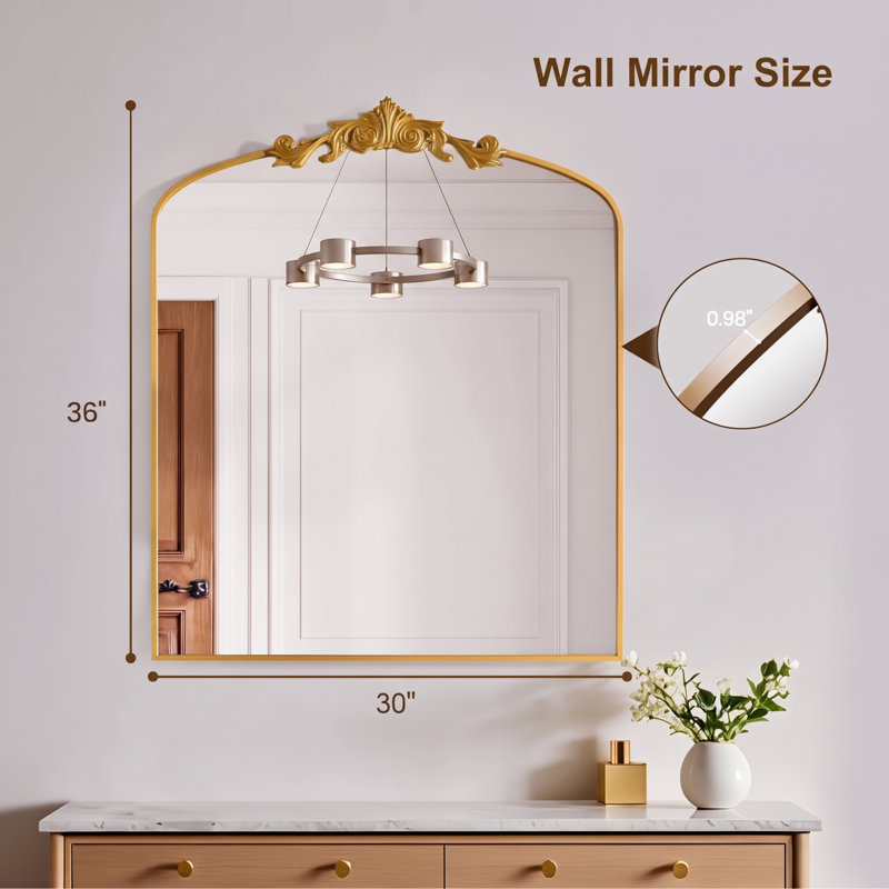 Arch Mirror Vintage Wall Mirror Decor With Alumium Alloy Frame, Traditional Baroque Bathroom Mirror For Wall, Tempered Glass