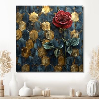 Rose rouge, hexagone doré, bleu, salon, art mural