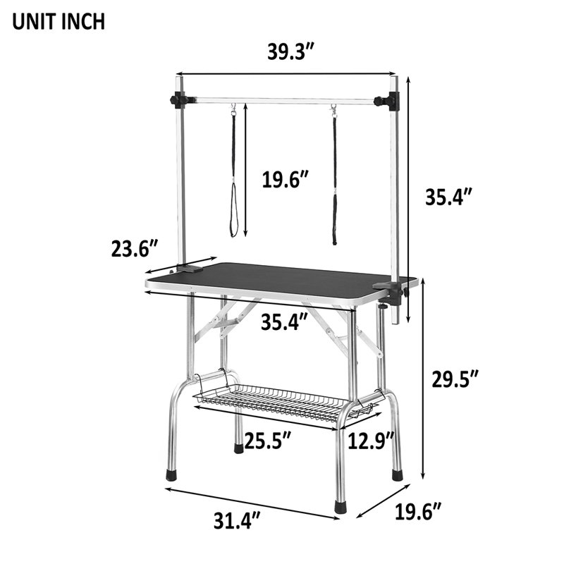 68'' H x 46'' W x 24'' D Aluminum Adjustable and Foldable Folding Grooming Table, Black, 64" H x 36" W x 24" D
