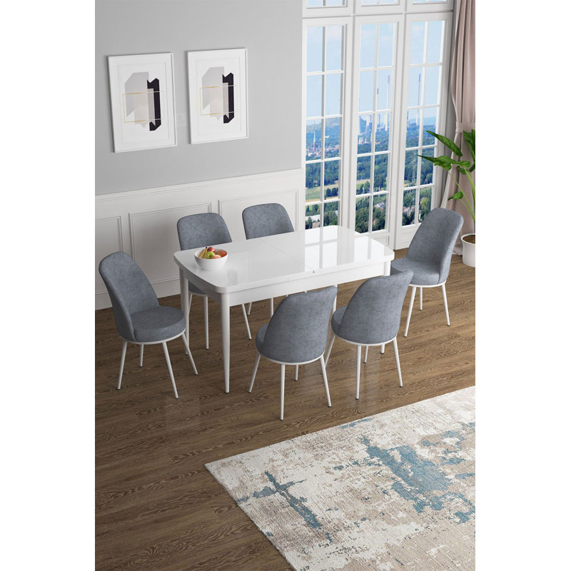 Ensemble de table et chaises de salle à manger moderne extensible (7 pièces), blanc et gris, 45 x 27,6 x 30,7 pouces | 100% panneau de fibres à densité moyenne avec pieds en métal, 6 chaises en tissu Jerry, sièges en mousse confortables, parfaits pour les espaces de salle à manger contemporains