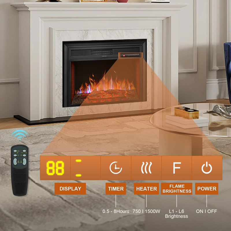 Black Steel 28" Electric Fireplace Insert with Remote