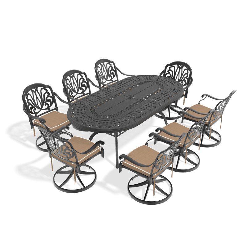 Ensemble de salle à manger 9 pièces en fonte d'aluminium, comprenant 8 chaises pivotantes et une table ovale avec cadre noir