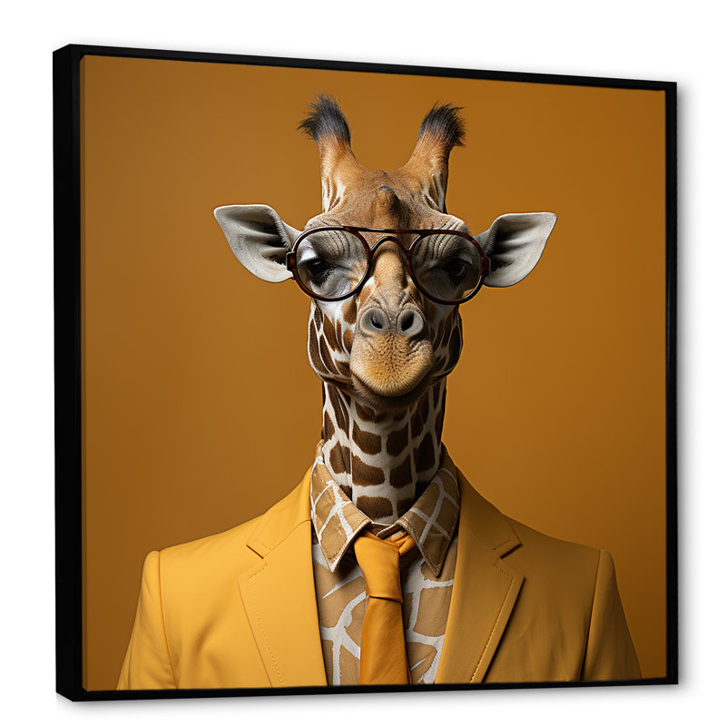 Jaune avec girafe III - art mural girafe, Cadre flottant noir, H 30 po x l 30 po x P 1,5 po