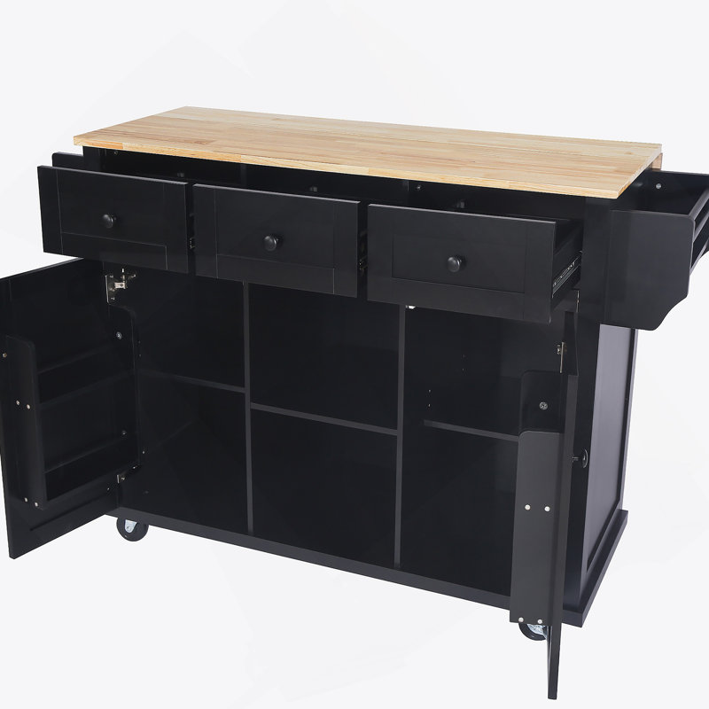 Kitchen Cart With Rubber Wood Drop-Leaf Countertop, Cabinet Door Internal Storage Racks, Black