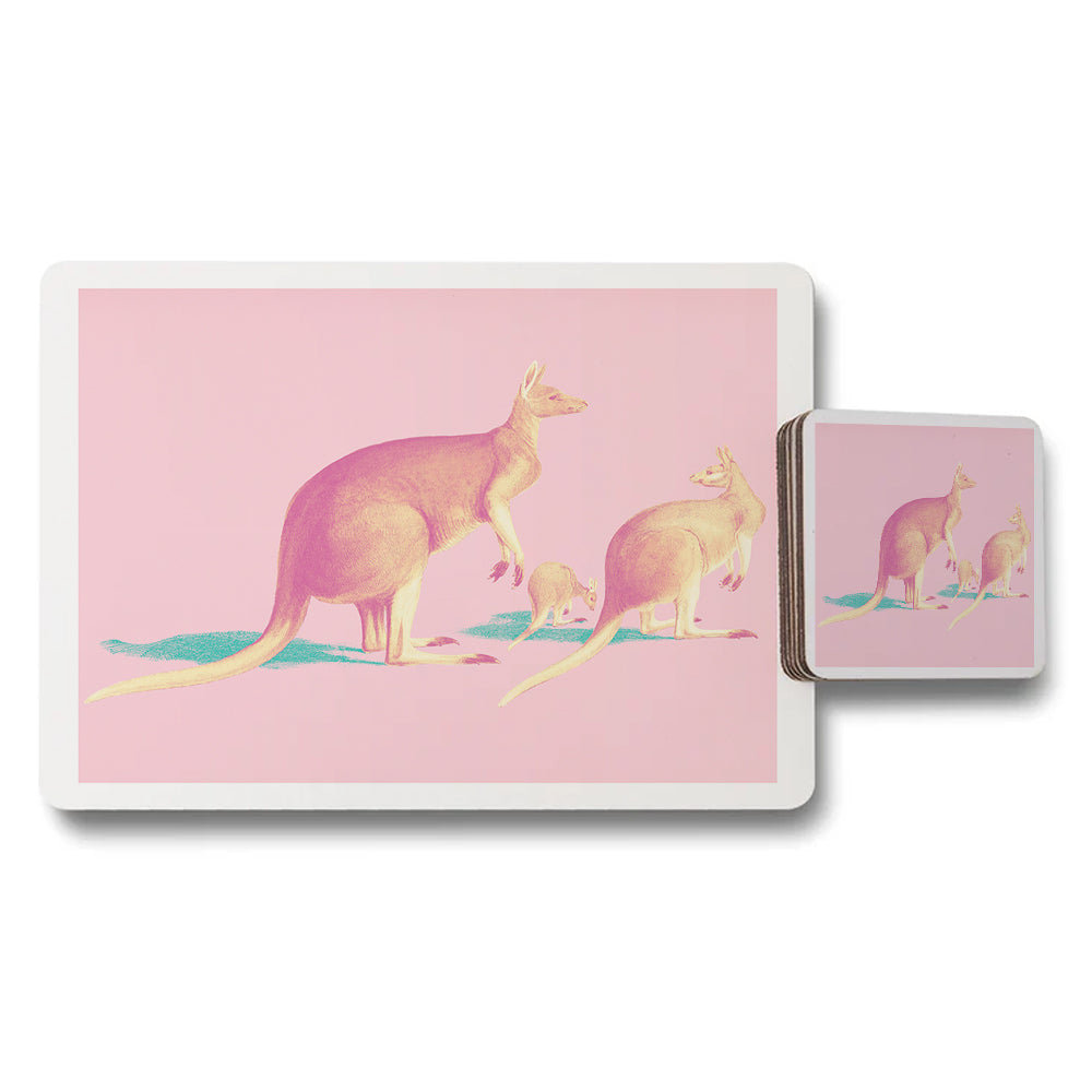 Kangaroo Art Placemat and Coaster Set Pink Background