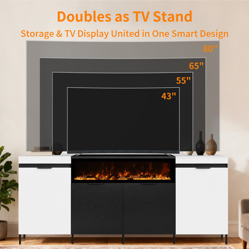 80" Fireplace Tv Stand With 40" Fireplace, Side Storage Cabinets, White;Black