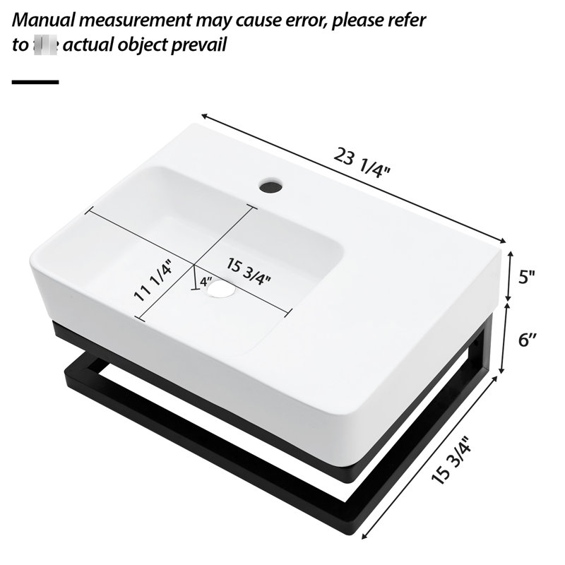 Lavabo mural rectangulaire en céramique 23,36 po x 16,5 po, avec barre porte-serviettes intégrée et barre noire, idéal pour les pièces à forte fréquentation.