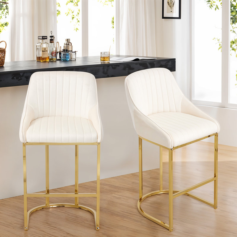 Upholstered Counter Stool with Metal Frame, Beige