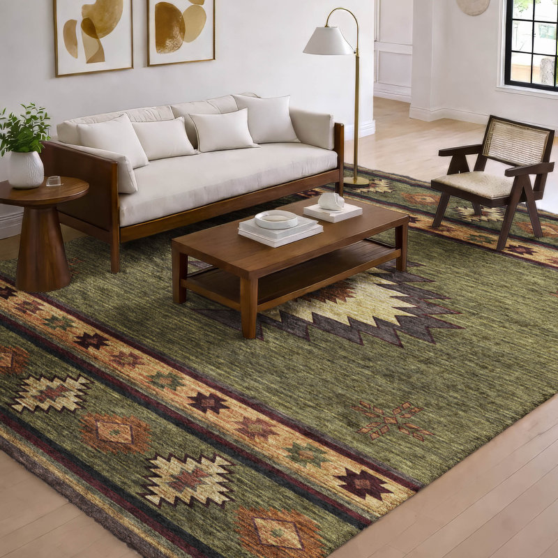 Tapis aztèque ADS179 de qualité supérieure lavable à la machine Dream Shag, Vert, 10 pi x 14 pi