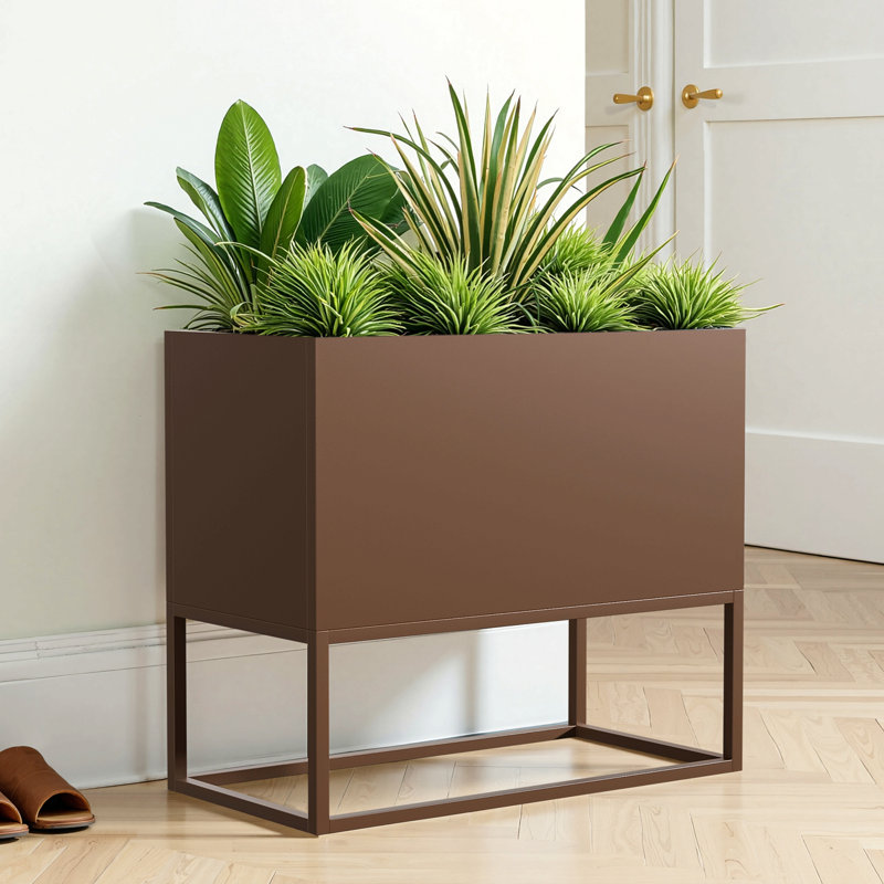 Large Metal Rectangular Planter With Shelves And Drainage Holes For Indoor/Outdoor Use, Perfect For Tall Plants, Flowers, Or Shrubs In High-Traffic Areas