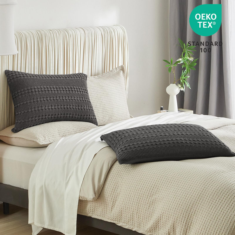 PHF 100% Cotton Ruffle Waffle Pillow Shams, 2 Pack Soft Skin-Friendly Bed Pillow Covers for Aesthetic Home Decor, 20x30"