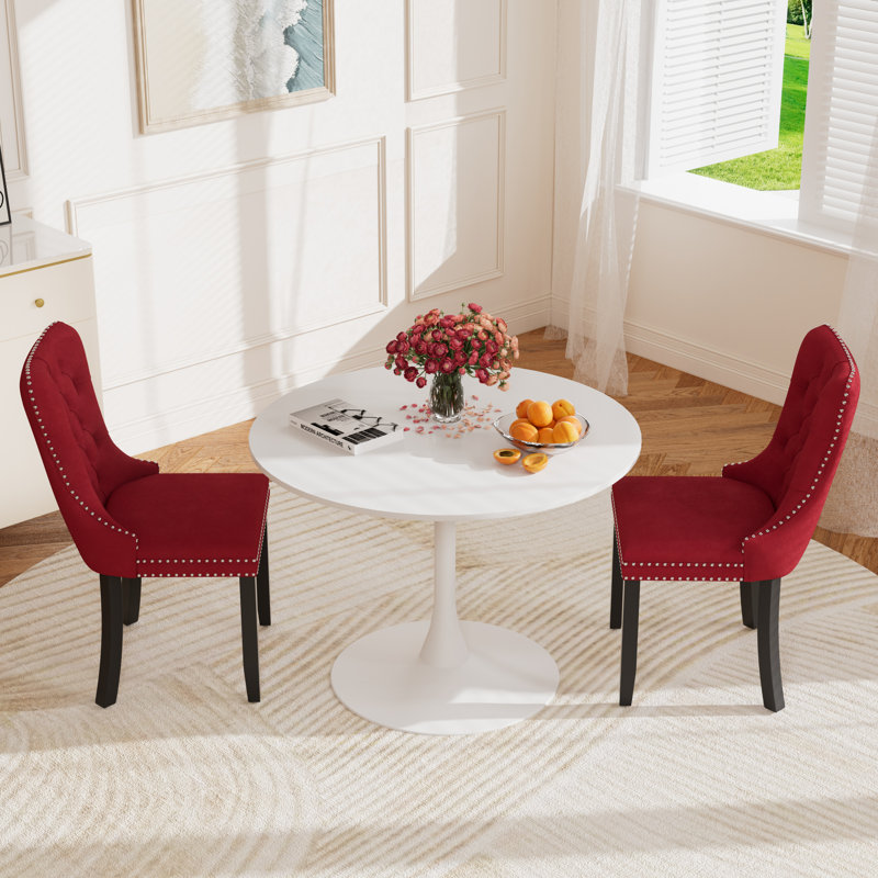 Round Pedestal Dining Set with 2 chairs, Red, White/White