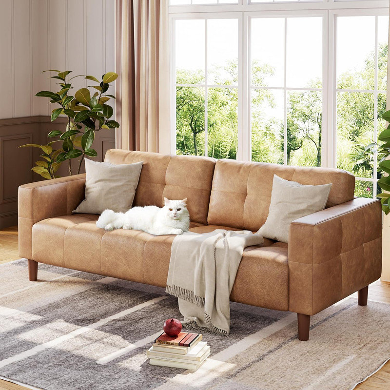 83" 3-Seater Faux Leather Sofa with Spring Cushion, Deep Seat Sofa for Living Room & Office, Orange