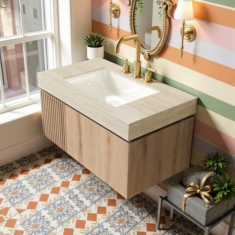 Meuble-lavabo 36 po avec plateau en pierre frittée et armoire de rangement, Beige, chêne blanc