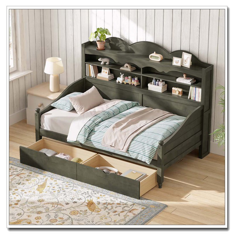 Lit de jour simple avec tiroirs de rangement et tablettes de tête de lit, Gris ancien