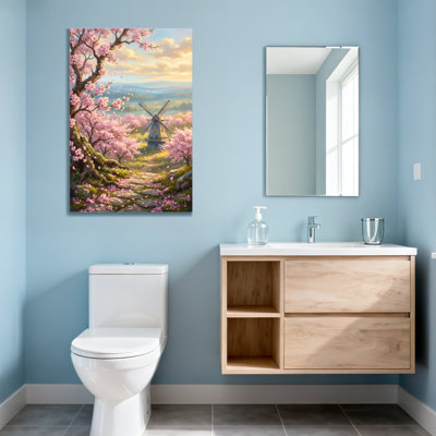 «Plants & Flowers Cherry Blossom Windmill Spring Landscape», reproduction d'art sur toile
