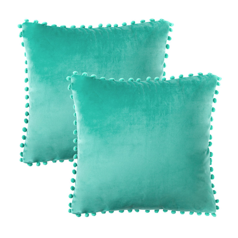 Coussin Silky Velvet Series Pom-poms, Carré 18 po, Turquoise, Housse de coussin et insert