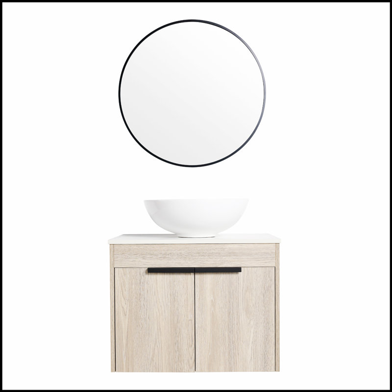 Meuble-lavabo mural moderne en chêne blanc avec lavabo en céramique, parfait pour les solutions élégantes et peu encombrantes.