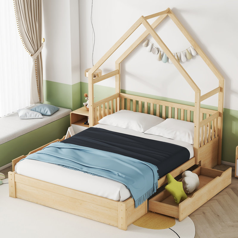  Grand lit plateforme avec garde-corps et deux compartiments spacieux sous le lit, naturel, Brun