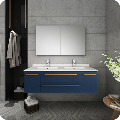 Fresca Lucera 48"" Wall-Mounted Double Sink Modern Bathroom Vanity Set -  FCB6148RBL-UNS-D-CWH-U