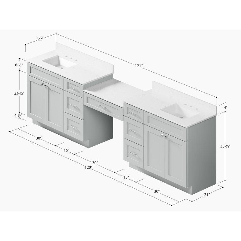 Ensemble de meuble-lavabo double 120 po avec plateau en bois massif de tiroir Carrar Disar, Gris