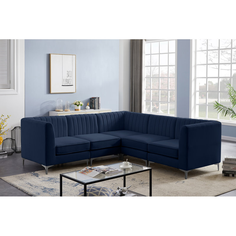Enson Velvet L-Shaped Sectional Reversible, Navy Velvet