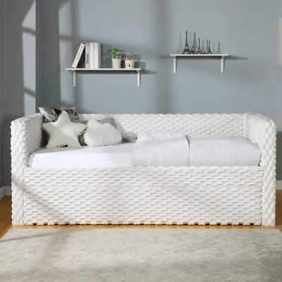 Magnifique lit de jour moderne 1 pièce avec accoudoirs coulissants et gigogne pour chambre à coucher Meuble de salon en tissu texturé blanc tourterelle (lit de jour)