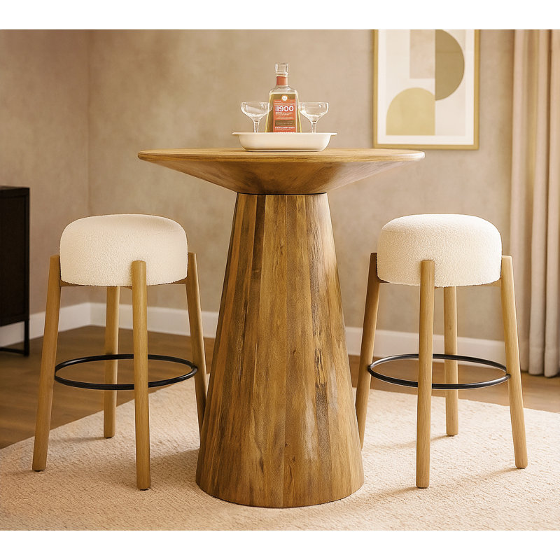 Jaden 36" Bar Table Set With 2 Natalia Bar Stools In Ivory Boucle Fabric