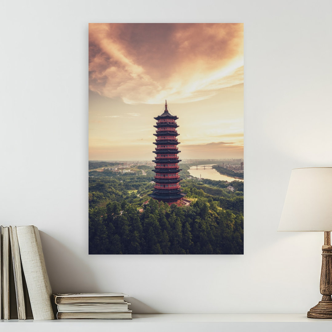 Golden Pagoda Sunset Peaceful Serene Traditional Architecture City Wall Art Print