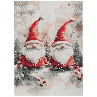 Machine Washable Indoor/Outdoor Christmas Gnome Xhevrie Ivory Rug