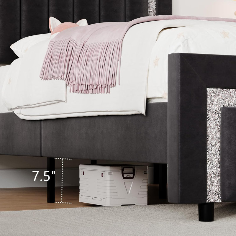 Full Black Velvet Upholstered Bed Frame with Diamond Tufted Headboard