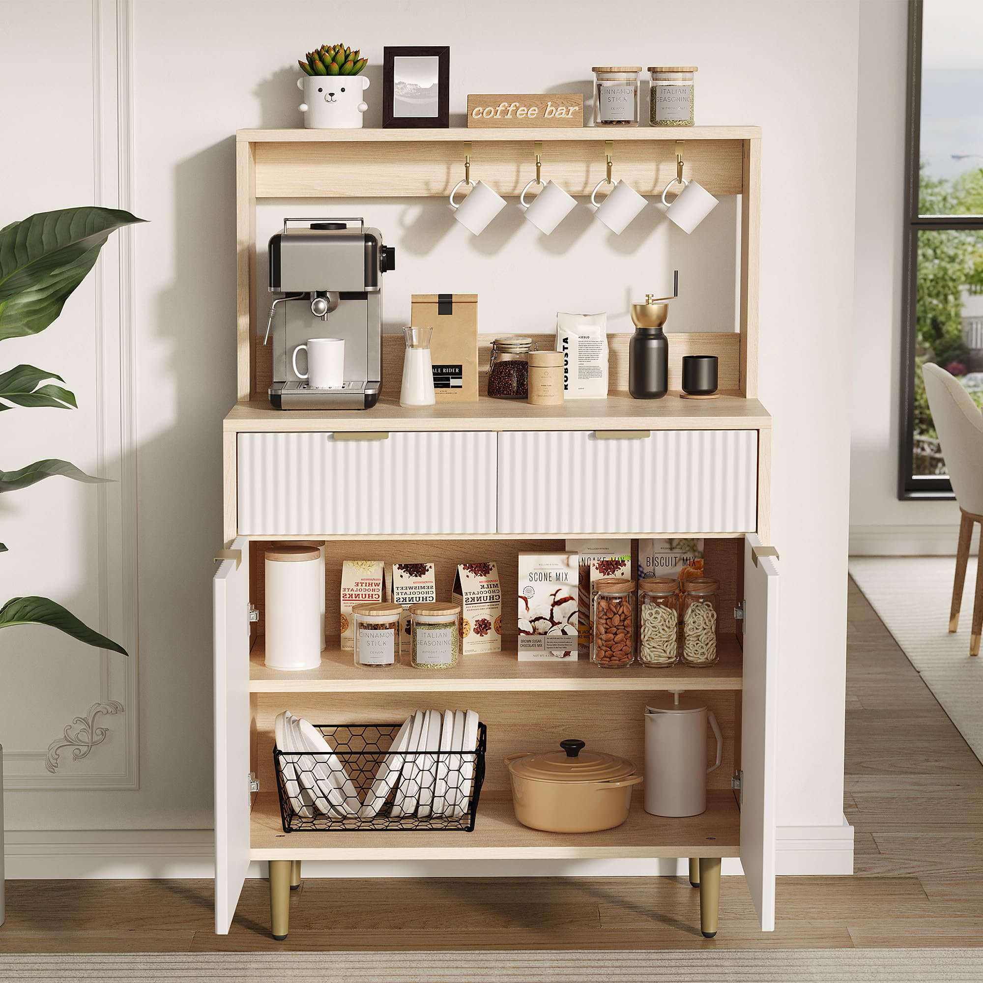 Fluted Sideboard Buffet Cabinet with Storage, Modern Coffee Bar Cabinet with Adjustable Shelves & 2 Drawers - White