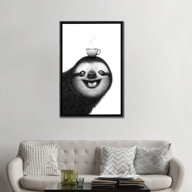 Paresseux avec cappuccino - reproduction d'art murale - toile encadrée, 48" x 32", Toile avec cadre, Noir patiné