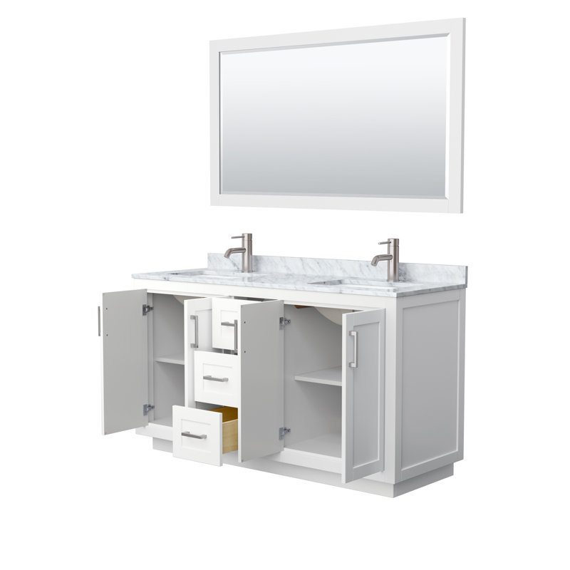 Miranda 60" Freestanding Double Bathroom Vanity with Marble Top with 58" Mirror, White, Brushed Nickel