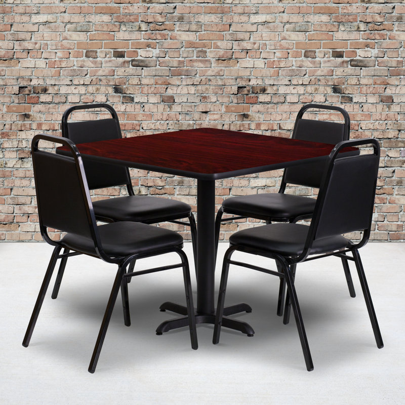 Ensemble de table carrée en stratifié 36 po avec base en X et 4 chaises de banquet trapézoïdales, Acajou