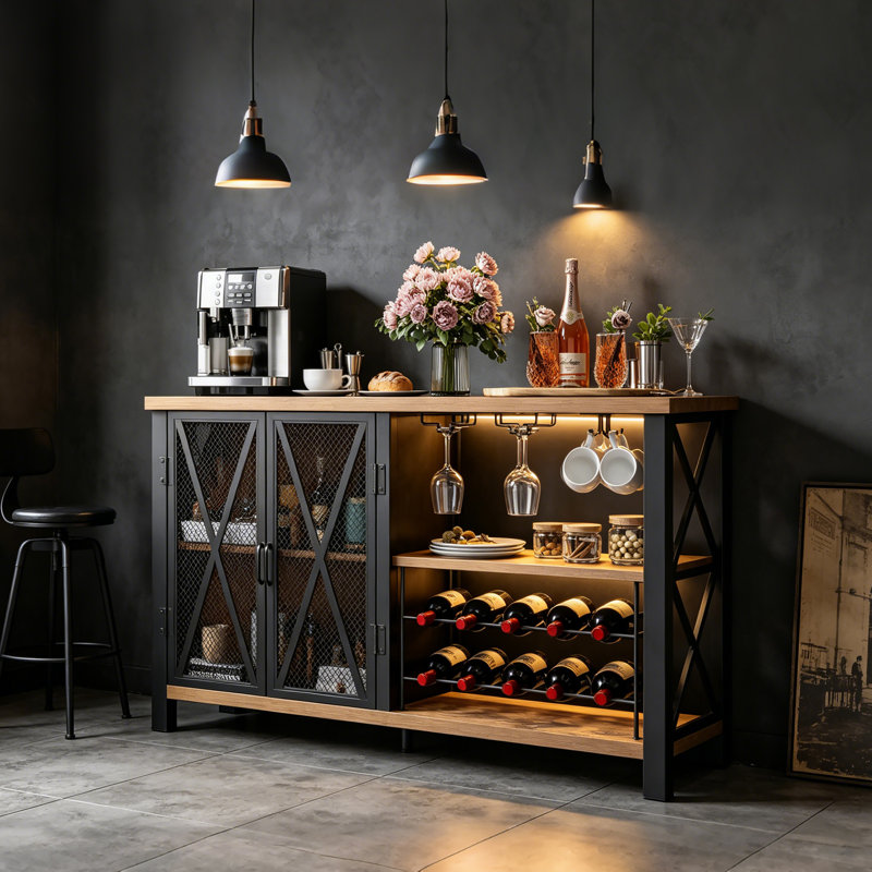 Bluffton Wine Bar Cabinet for Glasses, Sideboard with Doors, Brown