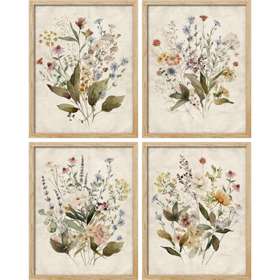 Reproduction d'art floral encadré de 4 fleurs rétro vintage