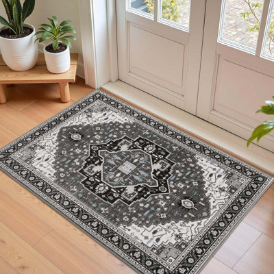 Tapis d'entrée gris / noir 2 pi x 3 pi pour tapis d'entrée, tapis lavables doux avec envers antidérapant pour la cuisine de la chambre à coucher, décoration de porte d'entrée pour le lavage des tapis rétro