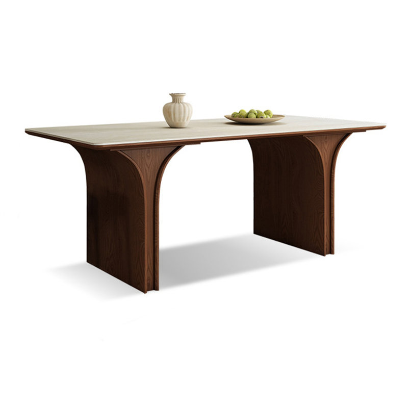 Nut-brown Rectangular Sintered Stone + Solid Wood Dining Table, 29.53"H x 62.99"L x 31.5"W