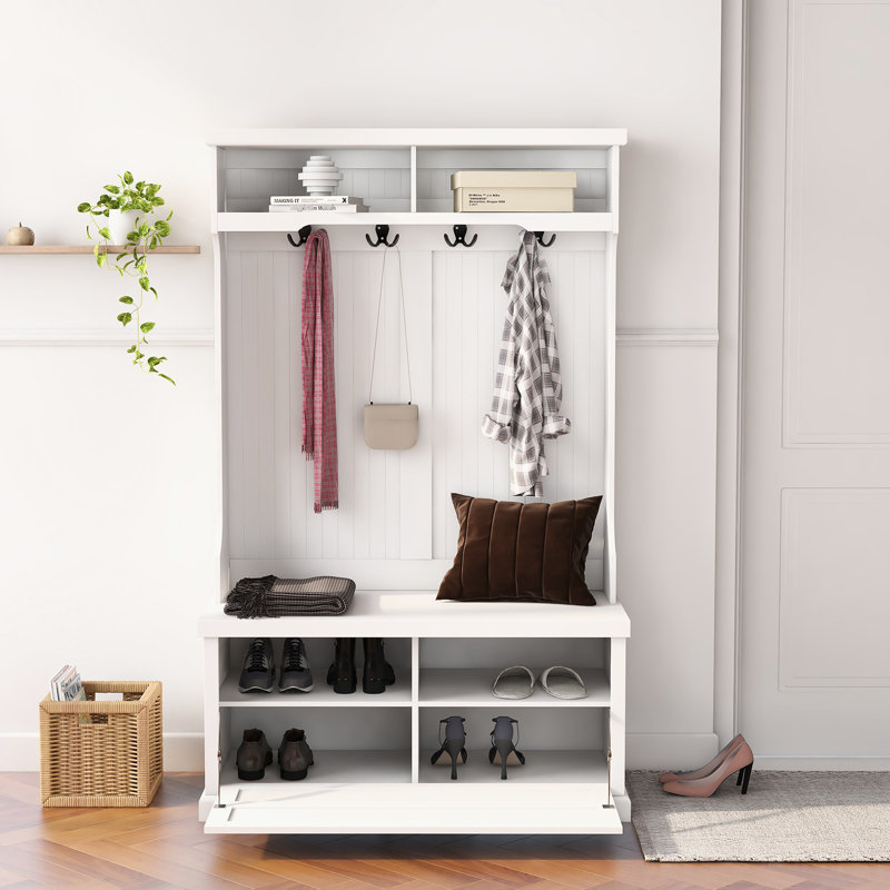 Banc de vestibule avec rangement pour chaussures et porte-manteau à 4 crochets, blanc - produit 4 crochets