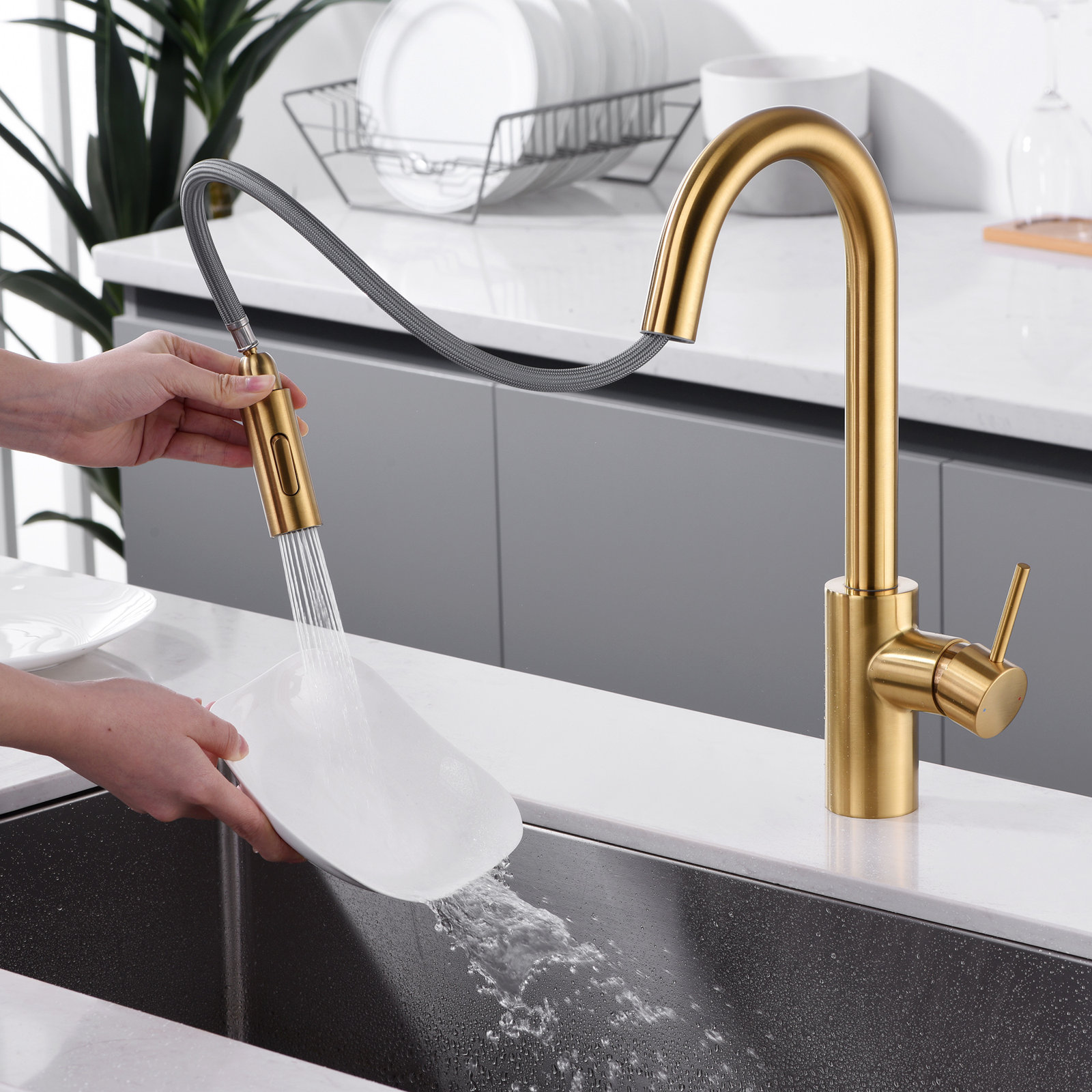 Pull-Down Kitchen Faucet with Accessories, Brushed Gold