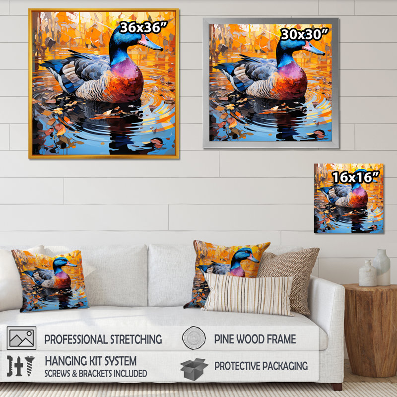 «Duck Morning Quack Lake II», art mural canard, Cadre simple blanc, H 30 po x l 30 po x P 1,5 po