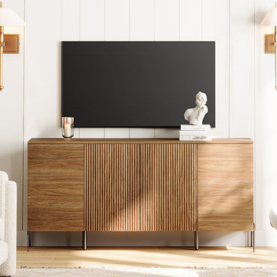 61" Modern TV Stand For Tvs Up To 70 Inch, Reeded Entertainment Center With Storage, Wooden TV Console With 4 Doors For Living Room