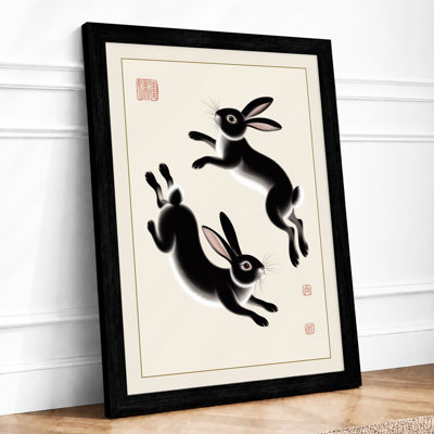 Leaping Rabbits in Red Seal Japandi - Framed Print