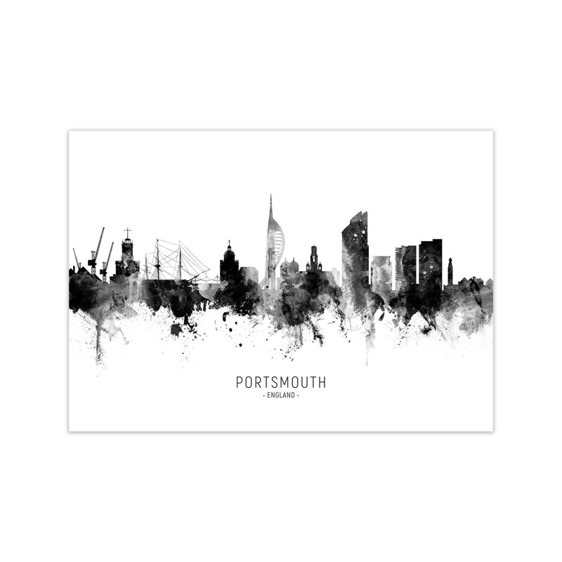 Portsmouth England Skyline Black White City Name by Michael Tompsett - Print, 30cm H x 42cm W x 1cm D, Unframed