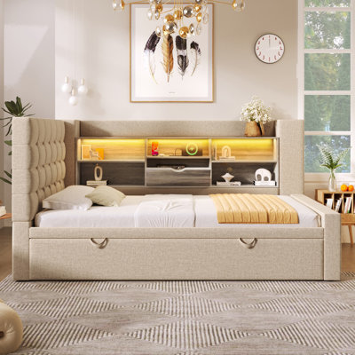 Linen 3FT Single Sofa Bed with Pull Out Trundle, Storage, USB & Type-C Ports, LED Lights, 90x190 cm Daybed