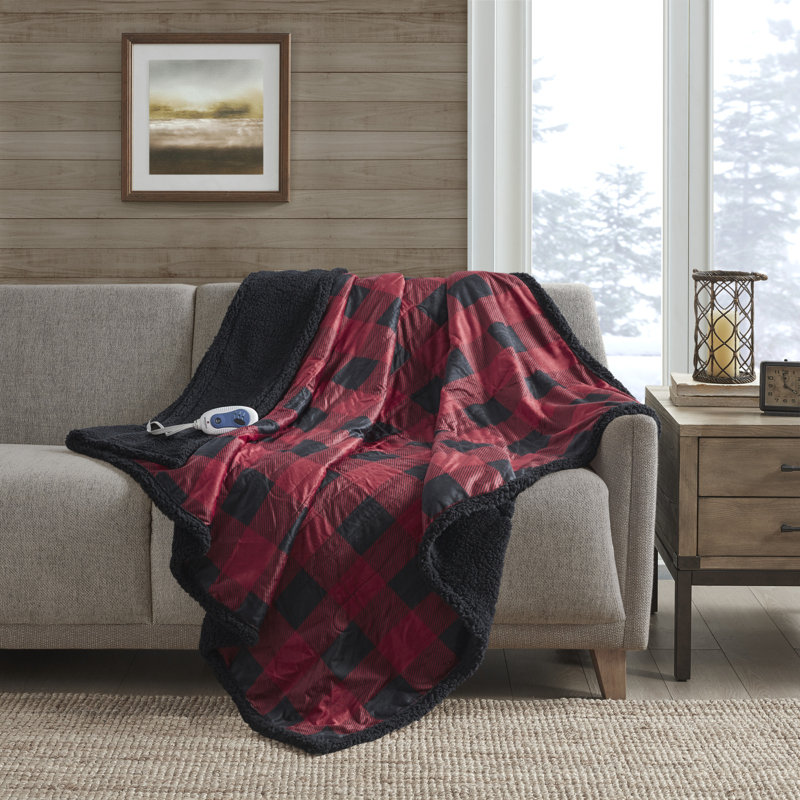 Linden Red and Black Faux Fur Electric Heated Blanket