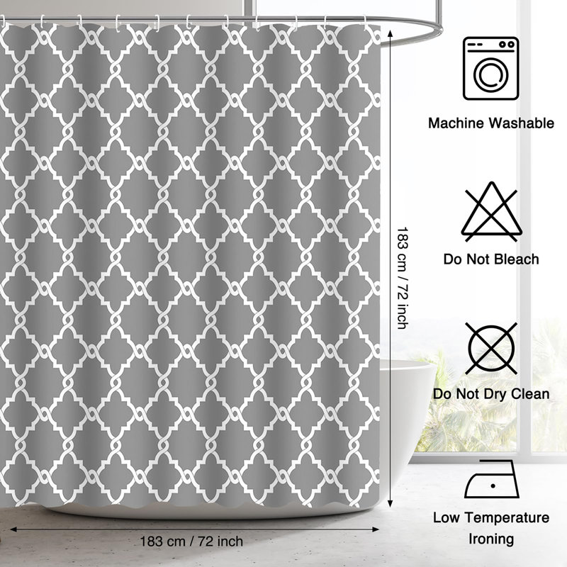 Bathroom Shower Curtain with 12 Hooks, Grey Geometric 2