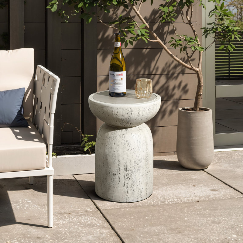 19.7" H Gray Round Outdoor Side Table, Rustic Cement-Look Patio Table, 19.69" H x 14.17" W x 14.17" L